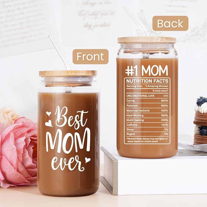 Gifts for Mom from Daughter Son - Mom 16 Oz Can Glass Coffee Cup with Bamboo Lid & Straw - Mothers Gift for Women on Birthday Mothers Day Valentines
