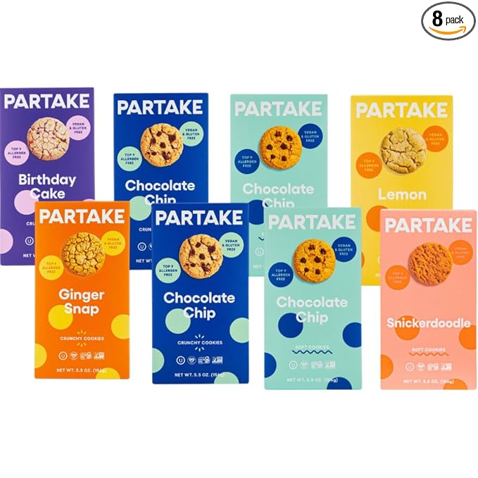 Gluten Free Partake Crunchy & Soft Baked Cookies Variety Pack (Chocolate Chip, Ginger Snap, Lemon, Snickerdoodle) - Vegan - Free From the Top 9 Allergens Including Dairy, Wheat, Soy, Eggs, & Peanuts - Non GMO - Safe School & Office Snack (8 Pack, 5.5oz...