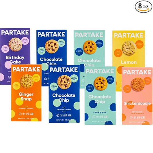 Gluten Free Partake Crunchy & Soft Baked Cookies Variety Pack (Chocolate Chip, Ginger Snap, Lemon, Snickerdoodle) - Vegan - Free From the Top 9 Allergens Including Dairy, Wheat, Soy, Eggs, & Peanuts - Non GMO - Safe School & Office Snack (8 Pack, 5.5oz...