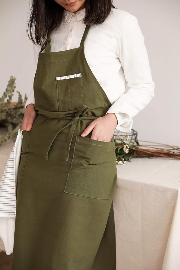 Adjustable Japan Nordic Style Soft Cotton Linen Apron with Four Pockets A Towel