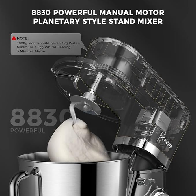 Stand Mixer, POWWA 6.5 Quart Electric Mixer, 6+1 Speed 660W Tilt-Head Kitchen Food Mixers with Whisk, Dough Hook, Mixing Beater & Splash Guard for Baking, Cake, Cookie, Kneading, ETL Certified (Black)