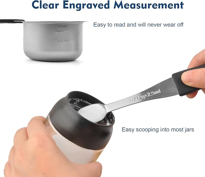 Magnetic Measuring Cups Set, 7 Pieces 18/8 Stainless Steel Stackable Nesting Heavy Duty Metal Measure Cups, Color Silicone Handle Kitchen Tools for Dry and Liquid Ingredients (14, Black)