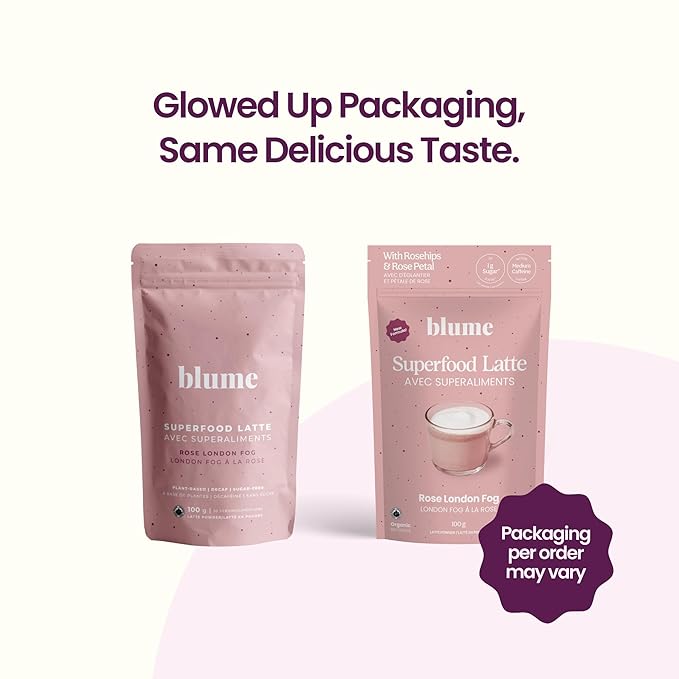 Blume Organic Rose London Fog Earl Grey Tea | Decaf Black Tea, Rose Petal Powder, Vanilla, Tart Cherry, and Bergamot | Plant Based Superfood Latte | Vegan Gluten Free Drink | 25 Servings