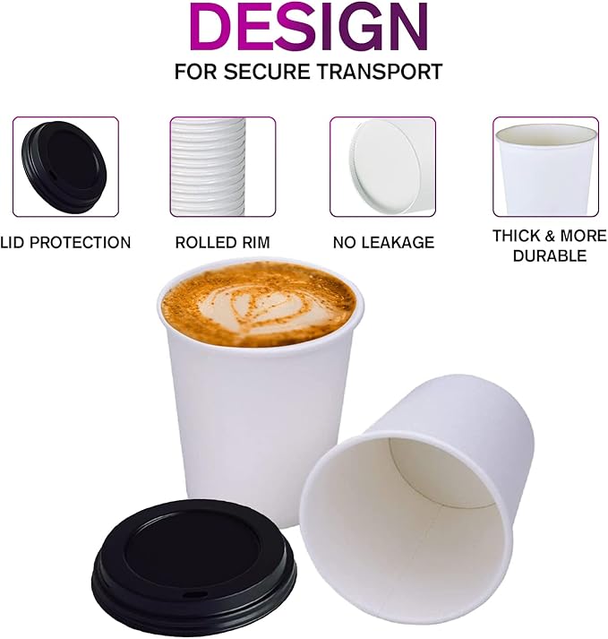 Smygoods White Original Disposable Paper Coffee Cups with Lids (12 OZ, 50 Count) For Hot Beverages, Tea, Espresso, Cocoa - To Go Drink Containers, Café & Office