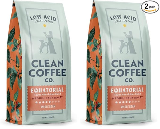 Clean Coffee Co. - Low Acid Medium-Dark Roast, Tested for Molds and Toxins, Papua New Guinea Blend, Notes of Milk Chocolate and Roasted Almonds (Whole Bean, 12 oz Bag) (Pack of 2)