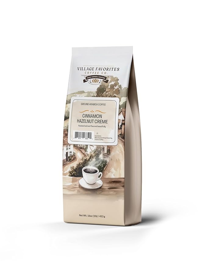 Village Favorites Flavored Coffee – Low Acid, Mold-Free, 100% Arabica, Slow Roasted Medium Roast, Smooth & Stomach Friendly, Ground, 1LB Bag (16oz)- Kosher (16oz, Cinnamon Hazelnut Crème)