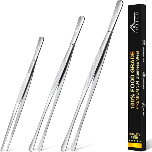 HOTEC Kitchen Tweezers Tongs Stainless Steel Professional Chef Tweezers, Set of 3-12", 10" and 6.3inch Food Tongs for Cooking, Repairing, Dessert, BBQ, Meat, Pasta