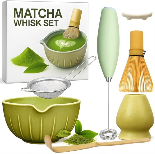 Matcha Whisk Set with Matcha Bowl - Matcha Set Included Electric Frother, Bamboo Whisk, Matcha Spoon, Bamboo Holder, Sifter, Spoon Stand (Mottled Green)