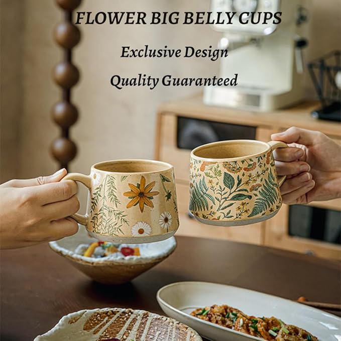 Floral Coffee Cup, 12oz Ceramic Hand Painted Porcelain Mug with Premium Gold Spoon, Cup for Cappuccino, Macchiato, Latte, Cafe, Tea, Unique Gift Idea (Graceful Daisies)