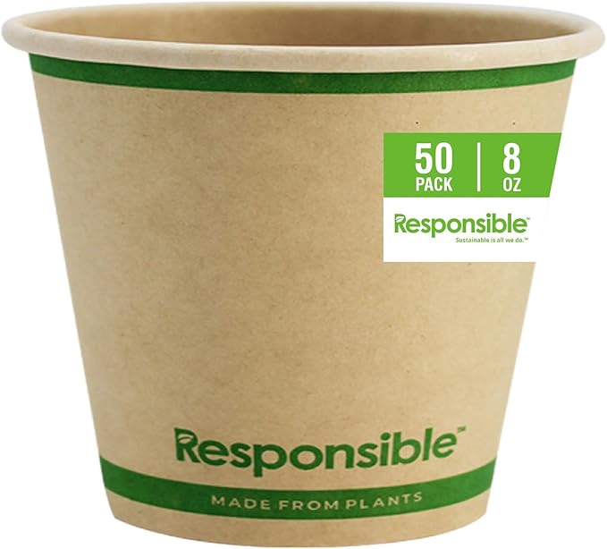 Certified Compostable 8 oz Paper Cups, Cold ＆ Hot Coffee Cups, Disposable Paper Cups, Extra Strength Disposable Cups, Made without PFAS (50 count)