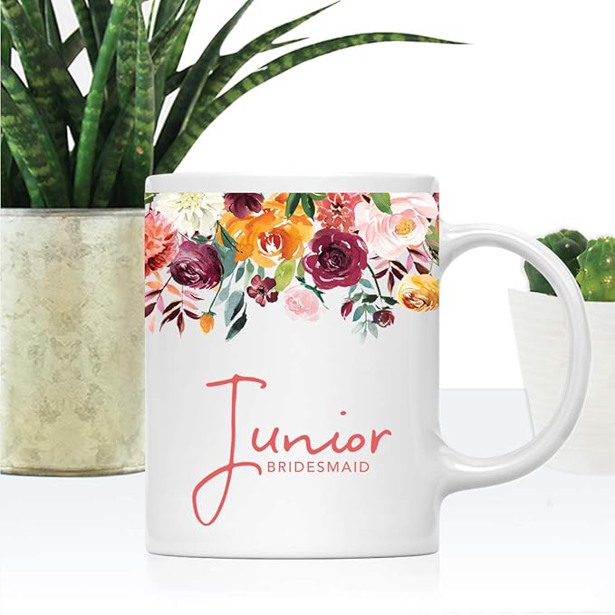 Andaz Press 11oz. Wedding Ceramic Coffee Tea Mug Gift, Fall Autumn Burgundy Orange Peach Flowers Roses Florals, Junior Bridesmaid, 1-Pack, Includes Gift Box