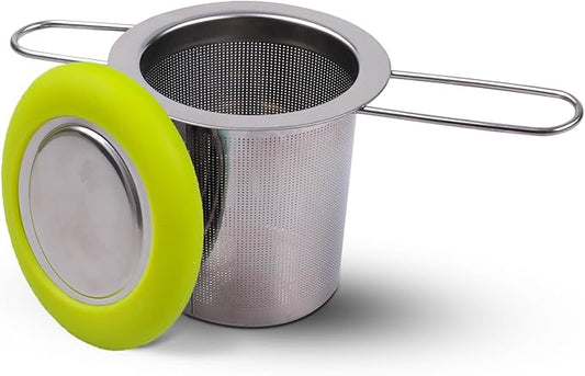 Fenshine Tea Infuser Stainless Steel Tea Strainer Folding Handle Tea Filter Extra Fine Mesh Strainer Brewing Basket with Lid for Loose Leaf Tea (Green)