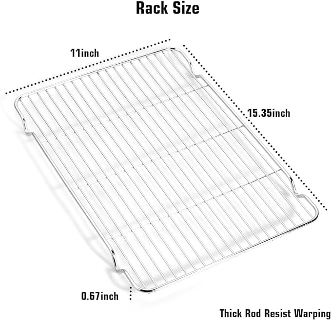 Wildone Baking Sheet & Rack Set [2 Sheets + 2 Racks], Stainless Steel Cookie Pan with Cooling Rack, Size 16 x 12 x 1 Inch, Non Toxic & Heavy Duty & Easy Clean