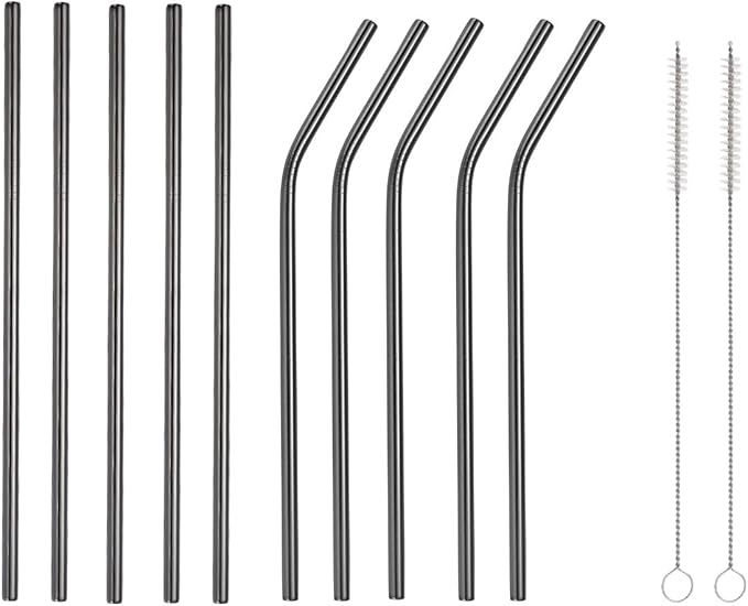 10 Pcs Stainless Steel Straws, Reusable Drinking Straws, 5 Straight + 5 Bent Metal Straws Set With 2 Pcs Cleaning Brushes (Black, 10.5 Inch)