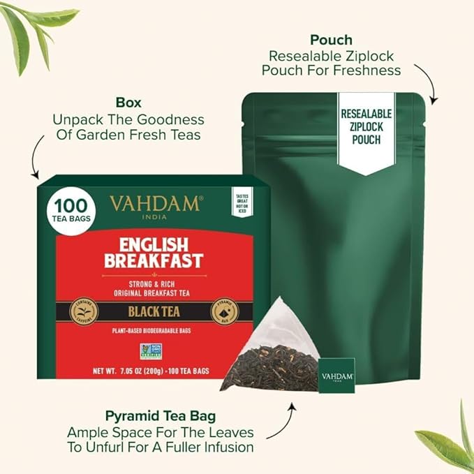 VAHDAM, English Breakfast Black Tea Bags (100 Count) High Caffeine | Strong, Robust & Flavoury | Pyramid Tea Bags | Full Bodied Black Tea Leaves