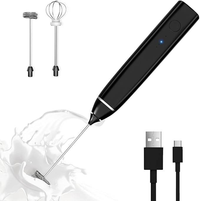 Milk Frother Rechargeable Handheld Electric Whisk Coffee Frother Mixer with 2 Stainless whisks 3 Speed Adjustable Foam Maker Blender for Coffee Matcha Latte Hot Chocolate(Pure black)