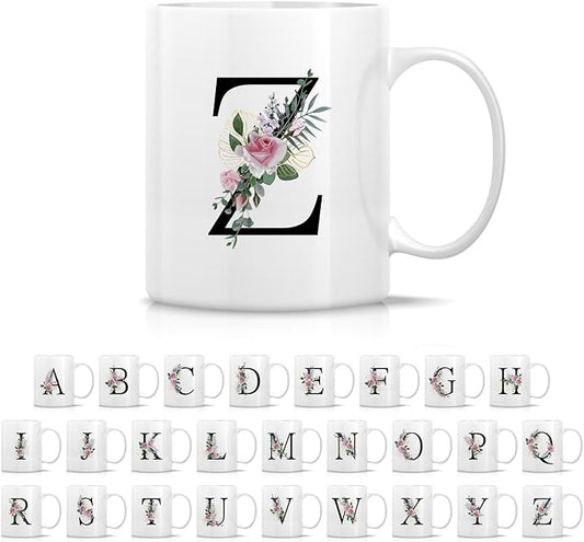 Retreez Initial A-Z Floral Botanical Bouquet Alphabet Monogrammed Monogram Mug 11 Oz Ceramic Tea Coffee Mugs - Appreciation Thank You Wedding Birthday Gifts for her friend coworker sister - Z Initial