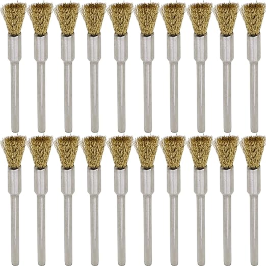 20PCS Brass Wire Brushes - Metal Rust Removal, Cleaning, and Polishing - 5mm Diameter, 1/8″ (3mm) Shaft - Removes Burrs, Dust, and Oxide Layer - Handles Rough Surfaces - Rotary Tool Accessories