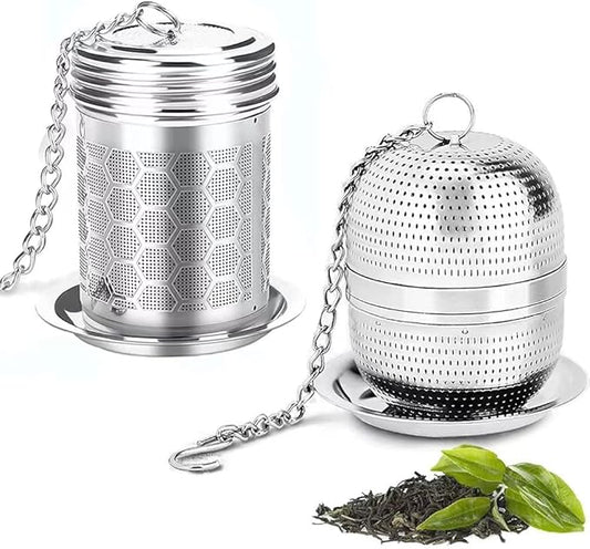 Tea Strainer Tea Infuser for Loose Tea, Tea Steeper 304 Stainless Steel Tea Mesh Strainer with Lid and Drip Tray, 2 Pack Tea Diffuser with Chain Hook, Tea Ball to Brewing Steeping Loose Leaf