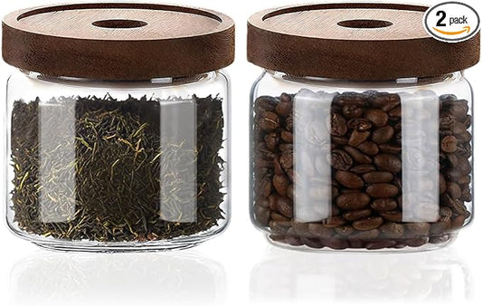 Glass Jars with Airtight Wood Lids - 12 oz Small Kitchen and Pantry Storage Containers, Canisters for Chia Seed, Ground Coffee, Sugar, Spice, Salt, Salad, Matcha, Set of 2