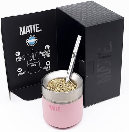 Matte 6.5 oz Yerba Mate Gourd and Bombilla Set - Includes DS Pro Box - BPA Free Yerba Mate Set Kit with Mate Straw, Elegant Design, Non-Slip Base (Pink)