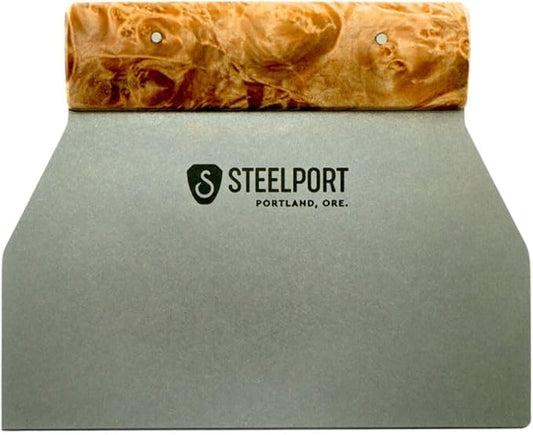 STEELPORT Bench Scraper | USA Made Premium Stainless Steel Dough Cutter & Shaper | Ideal as Bread, Pizza, Pastry Cutter | 18 Gauge Steel Blade, Tapered Oregon Maple Burl Handle | Home & Commercial Use