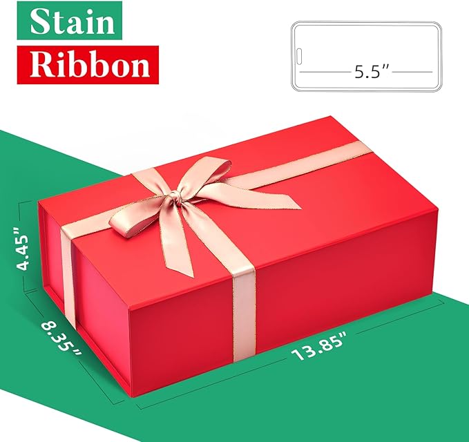 LIFELUM Red Christmas Gift Box 13.85 x 8.35 x 4.45 inch Large Gift Boxes with Magnetic Closure Luxury for Gifts Box Contains Card, Ribbon, Shredded Paper Filler Wedding, Halloween, Birthday