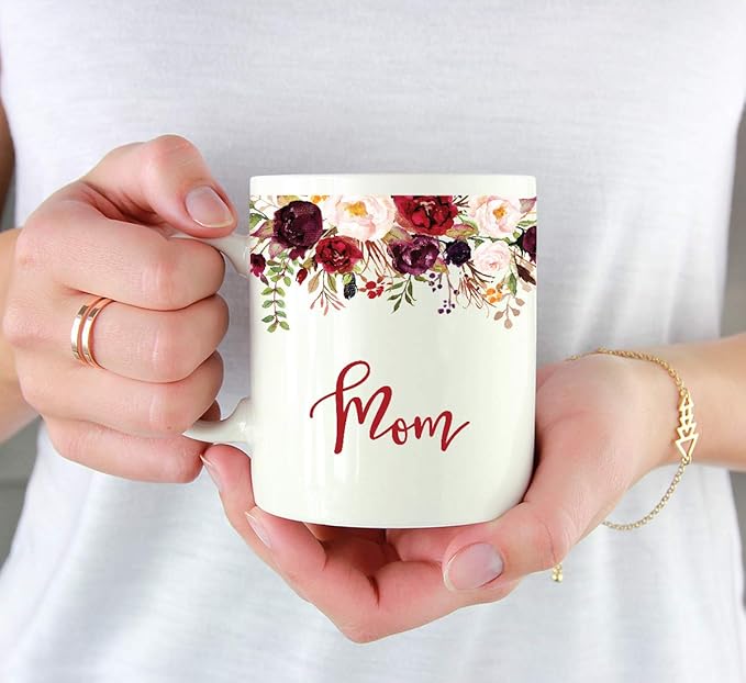 Andaz Press 11oz. Mother's Day Ceramic Coffee Tea Mug Gift, Fall Autumn Marsala Burgundy Flowers Roses Florals, Mom, 1-Pack, Includes Gift Box, Birthday Christmas Gift Ideas