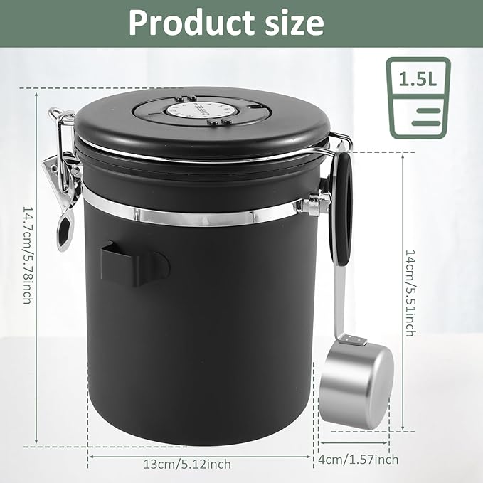 2Pcs Coffee Storage Canister 1.5L Double Airtight Coffee Beans Container with Date Locator 304 Stainless Steel Kitchen Food Storage Container with Spoon for Tea Sugar,Black (2)