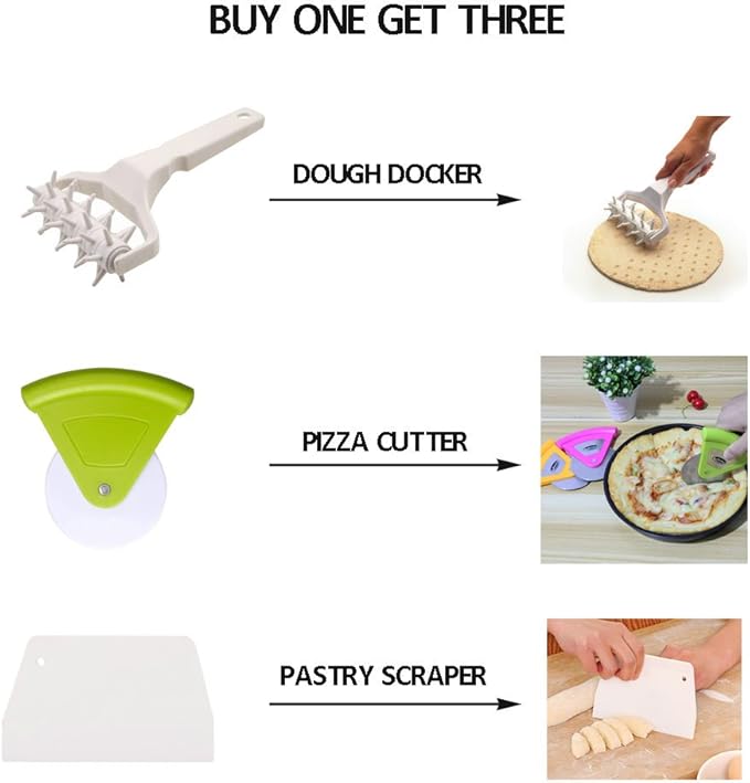 Time-Saver Pizza Dough Roller Docker - Dough Blistering Killer - Buy One Get Three (Pizza Cutter and Pastry Scraper) - Gift Package