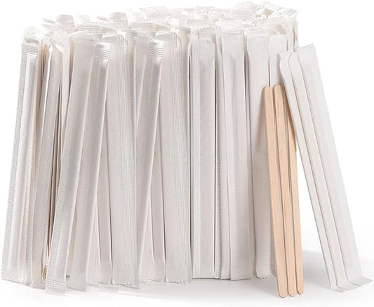 500pcs Individually Wrapped Coffee Stirrers Wood - 7" Coffee Stir Sticks, Round End Disposable coffee stirrer, For Coffee, Cocktail and Hot Drinks