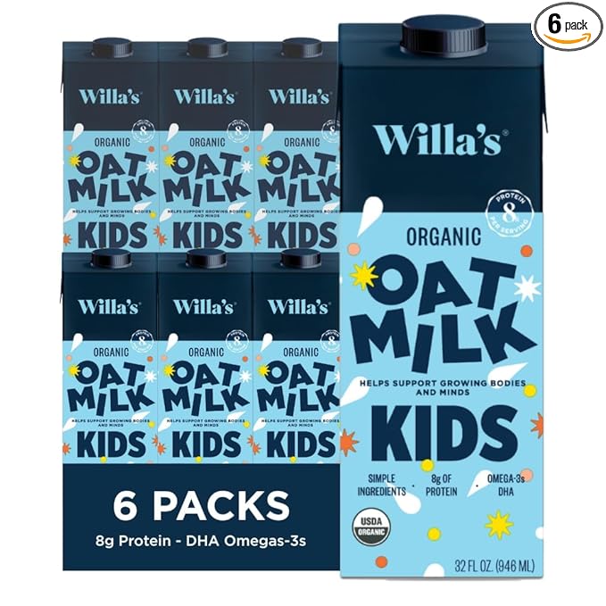 Willa's Organic Kid's Oat Milk Unsweetened with 8g Protein & 240g Calcium, Plant-Based Milk for Kids, Dairy-Free, Low Sugar, 2g Fiber – 32 oz, 6 Pack