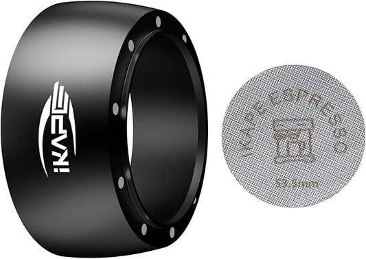 IKAPE Magnetic Dosing Funnel Set, 53MM Espresso Dosing Ring & Puck Screen Kit Compatible with Breville 54MM Bottomless Portafilter - with 8 Small Magnet (Black)
