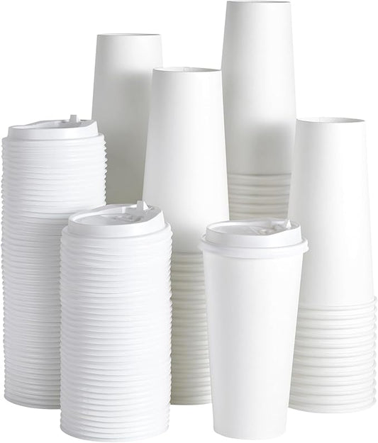 JOLLY PARTY [100 Pack] 20 oz Paper Coffee Cups, Disposable Paper Coffee Cup with Lids, Hot/Cold Beverage Drinking Cup for Water, Juice or Tea, Suitable for Home, Shops and Cafes