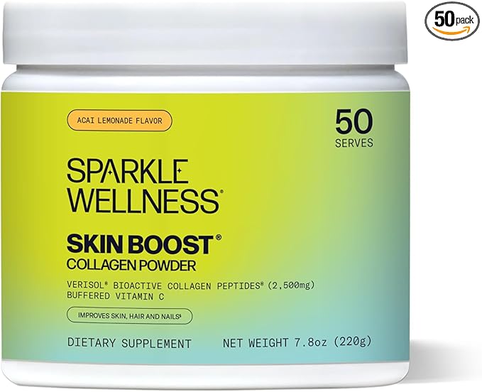 Sparkle Wellness VERISOL Bioactive Hydrolyzed Collagen Peptides & Vitamin C | Collagen Powder Supplement for Hair, Skin, and Nail Health | Skin Boost (Acai Lemonade) [50-Serves]