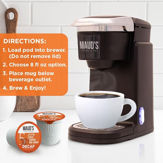 Maud's Decaf Pumpkin Spice Flavored Coffee Pods, 18 ct, Medium Roast Flavored Coffee in Recyclable Single Serve Pods – 100% Arabica Beans, Compatible with Keurig K Cups Maker