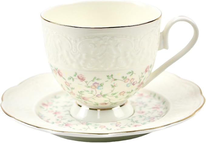 TATSUMI Interglio Embossed Bone China Tea Cup and Saucer Set, 3 Pieces Vintage Style Coffee Cup & Saucer Set For Women Wedding Gift (Starlight Pink, 1 set)