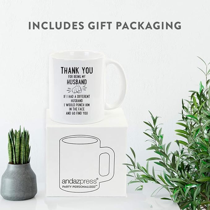 Andaz Press Funny Family 11oz. Coffee Mug Gift, Thank You for Being My Husband, Punch in Face, 1-Pack, Christmas Birthday Drinking Cup Present Ideas