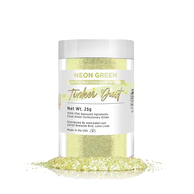 BAKELL Neon Green Edible Glitter, 25 Grams | TINKER DUST Edible Glitter | KOSHER Certified | 100% Edible Glitter | Cakes, Cupcakes, Cake Pops, Drinks, Dessert Vegan Glitter & Dusts (25g, Neon Green)