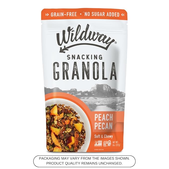 Wildway Keto Granola | Peach Pecan | Grain-Free, Certified Gluten-Free Cereal | Vegan, Low Carb | No Sugar Added | Paleo-Friendly | Non-GMO Fruit & Nut Clusters | Nutrient-Rich Snack | 8 oz, 6 Pack