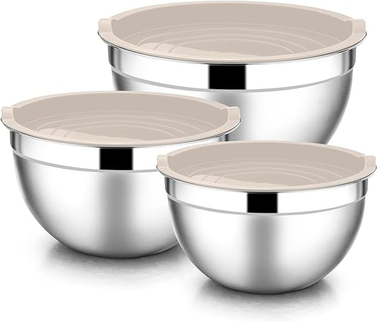 E-far Mixing Bowls with Lids, 6-Piece Stainless Steel Salad Bowls Metal Nesting Bowls for Baking Cooking and Prepping, Airtight Lids & Stackable Design, Size 4.5, 3, 1.5 QT (Khaki)