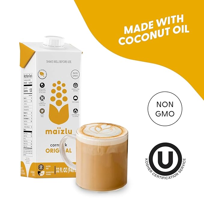 Maizly Original Corn Milk, Plant-Based Drink Made with Non-GMO Ingredients, Less Sugar, Gluten & Dairy-Free Alternative to Whole Milk, Non-Dairy Kosher Drink For Kids & Adults, 32 oz, Shelf Stable Pack of 6 Boxes