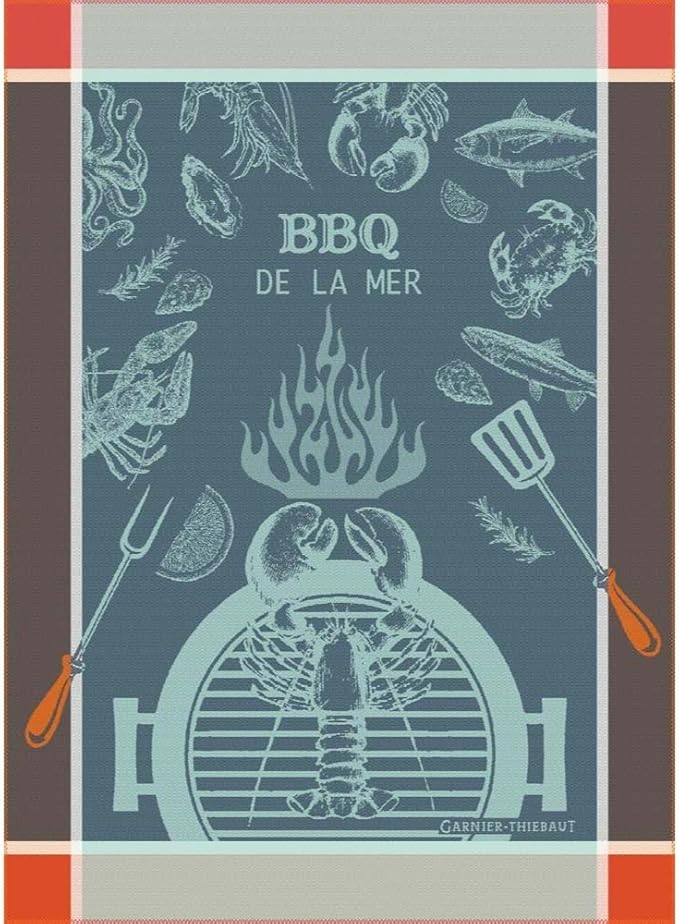 Garnier Thiebaut BBQ De La Mer Bleu (Blue Sea BBQ) French Kitchen Towel 22"x30", Cotton, Jacquard