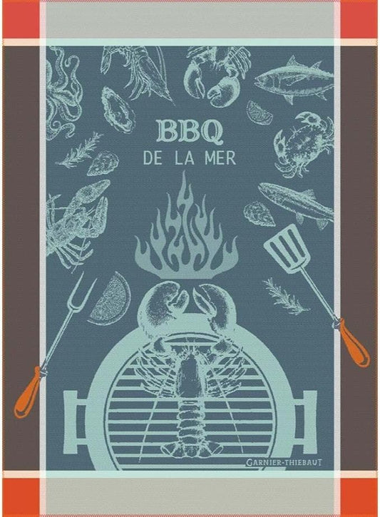 Garnier Thiebaut BBQ De La Mer Bleu (Blue Sea BBQ) French Kitchen Towel 22"x30", Cotton, Jacquard