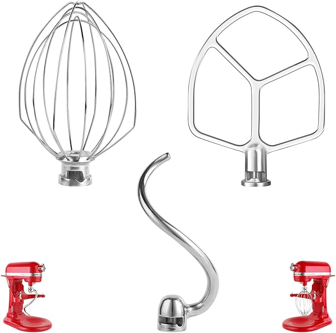 Stainless Steel 3 Piece kit Attachments，Dough Hook 6 Wire Whisk Flat BeaterCompatible with KitchenAid 5-6QT Mixer，Bowl Lift Stand Mixer Accessory，Rust Resistant，Dishwasher Safe