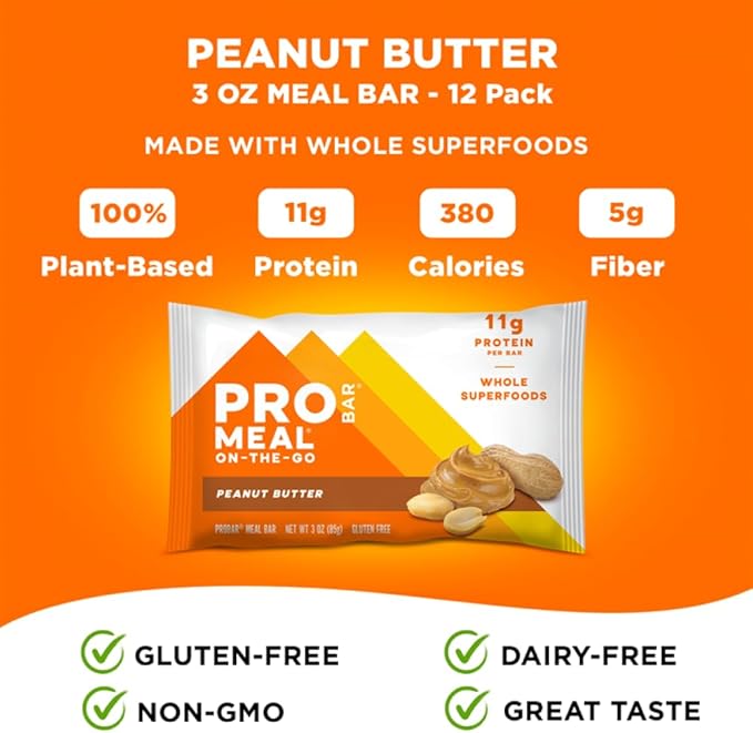 PROBAR - MEAL Bar, Peanut Butter, Non-GMO, Gluten-Free, Healthy, Plant-Based, Whole-Food Ingredients, Natural Energy (12 Count)