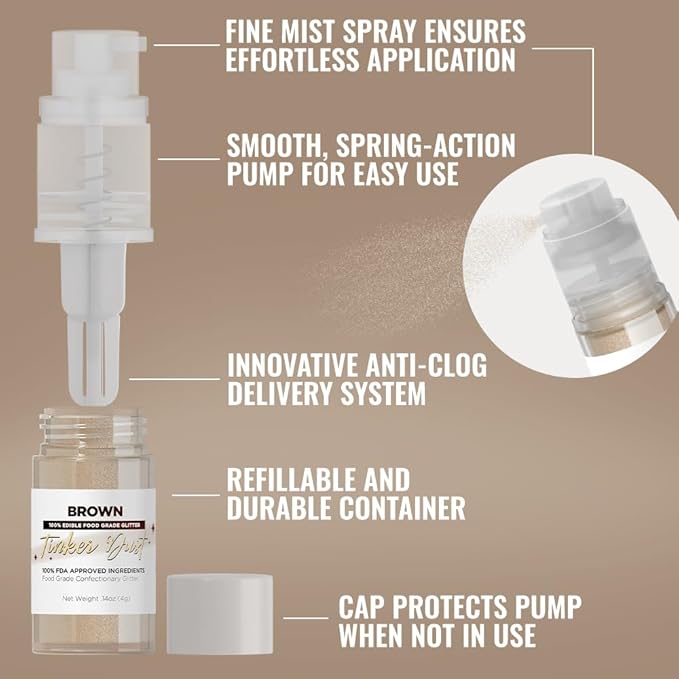 Bakell - Brown Tinker Dust (4g, 1x Mini Spray Pump) Edible Glitter for Food, Desserts, and Beverages!