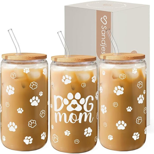 Dog Mom Cup 16 Oz Can Glass Coffee Mug with Bamboo Lid & Straw - Dog Lover Gifts for Women - Dog Mom Gift for Birthday Mothers Day