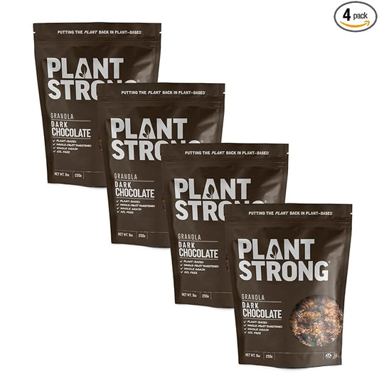 PLANTSTRONG Dark Chocolate Granola Snack Mix - Whole Grain, Naturally Sweetened With Fruit, Plant Based, Oil Free - Pack of 4 x 9oz Bags