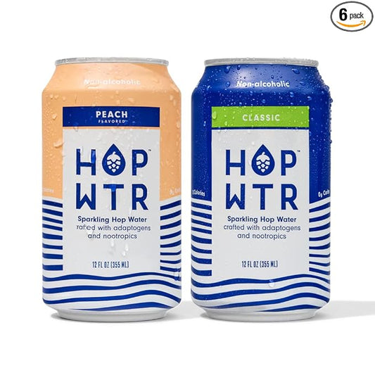 HOP WTR Sparkling Hop Water, Classic 6 Pack, Peach 6 Pack, Sugar Free, Low Carb Non Alcoholic Drinks, NA Beer, Adaptogen Drink, No Calories, Adaptogens & Nootropics for Added Benefits, 12 oz Cans